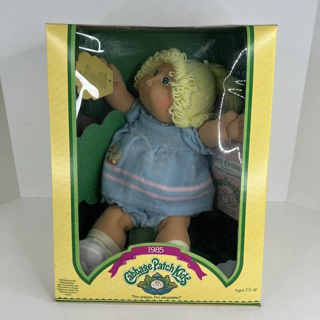 1985 CABBAGE PATCH Kids Doll Blonde Ponytail Green Eyes Blue Dress 99.
