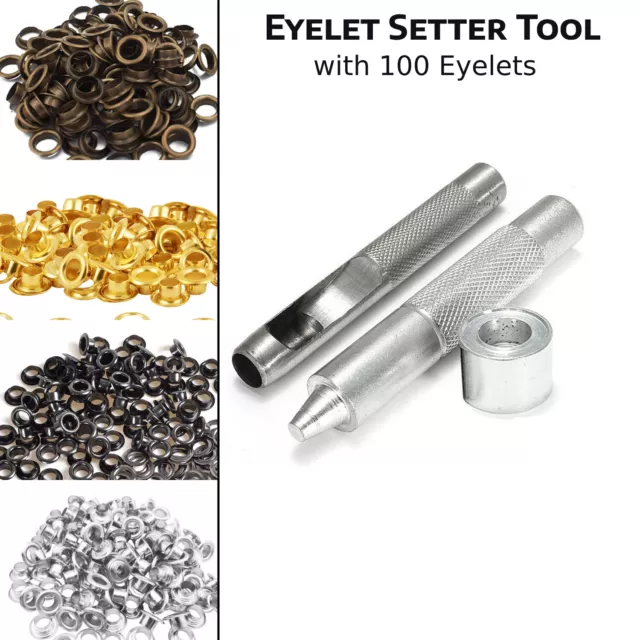 Eyelet Punch Die Tool Set Kits + 100 Eyelets Grommet Washer Leather Craft Repair
