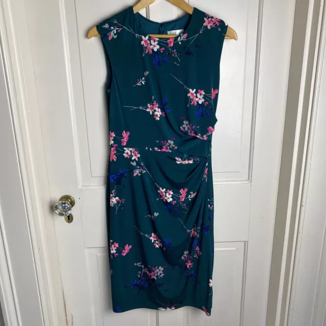 Eliza J Dress Womens 8 Green Floral Stretchy Cap Sleeve Ruching Fall Sheath