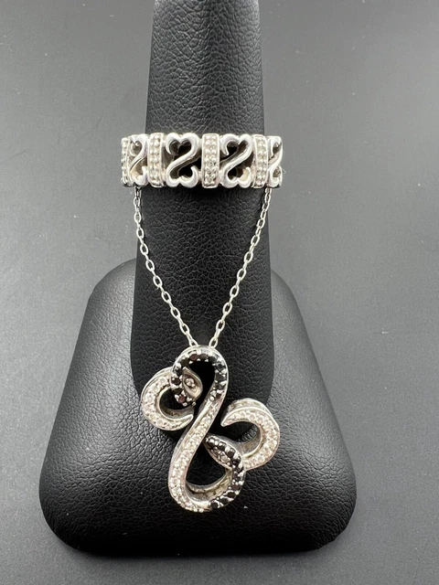 Jane Seymour Open Heart Sterling Silver 925 Black White Diamond Necklace Ring Se