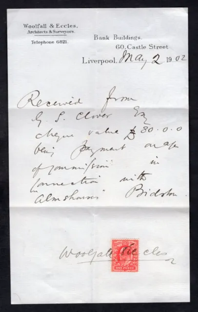 GB Liverpool 1902 Letterhead. 1p Used as Revenue. Woolfall & Eccles Architects