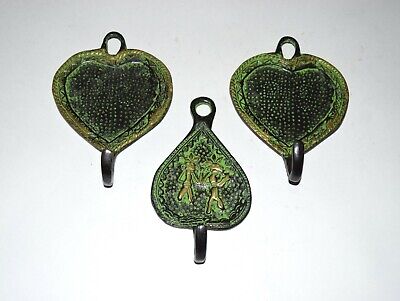 Brass Heart Hook Set Of 03 Wall Hooks Tribal Man Engraving Handicraft Item EK480