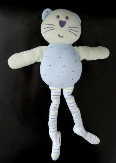 *. DOUDOU PELUCHE BOUT'CHOU CHAT BLEU VERT ETOILE RAYE NEZ VIOLET 29cm - TBE