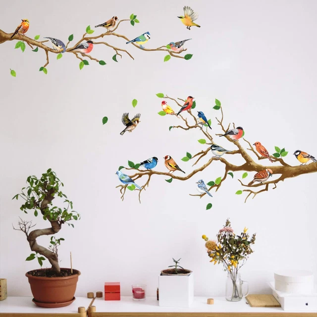 Hummingbird on The Tree Branch Wall Sticker, Green Leaf and Flying