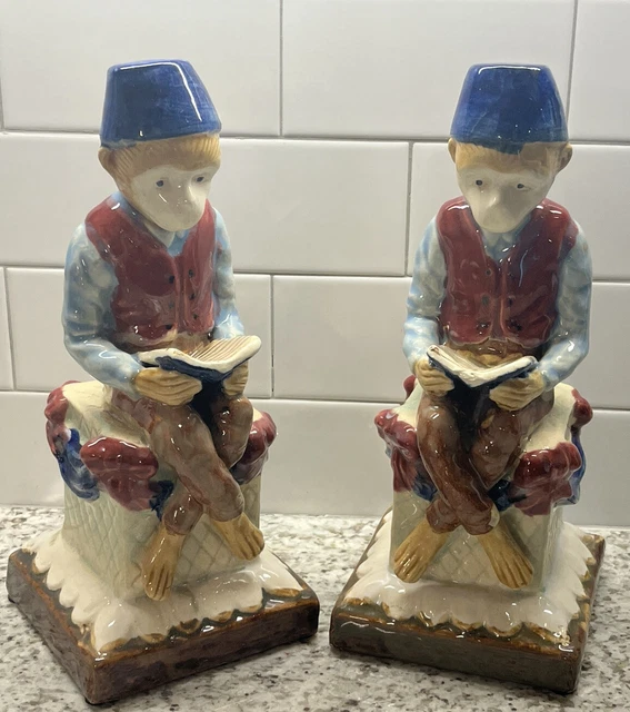 1930’s Vintage Majolica Reading Fez Darwin Monkeys Bookends