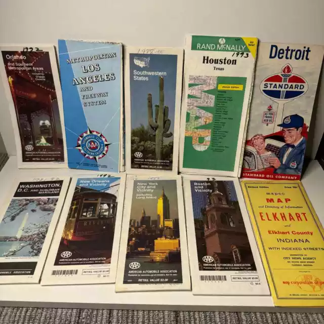 Vintage American City Road Maps 10 Lot Detroit, New York, Washington Dc Atlas