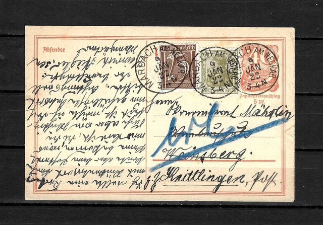 DR Germany infla 25+60 pf stps 40pf stat postcard MARBACH 9/1/1922 WEINSBERG