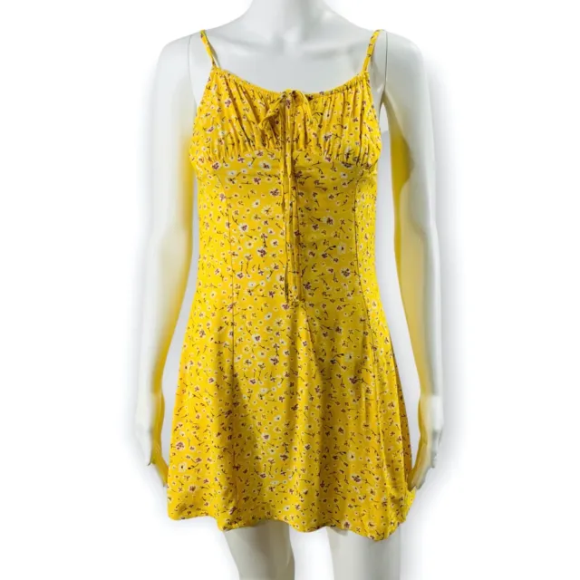 Abound Peasant Mini Dress Yellow Floral Print Size XS Gathered Neckline Boho NEW