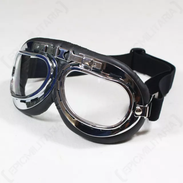 Vintage RAF Style Pilot Goggles - Chrome Flying Aviator Biker Helmet