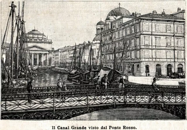 Canal Grande di Trieste. Stampa antica di 130 anni + passepartout. 1893