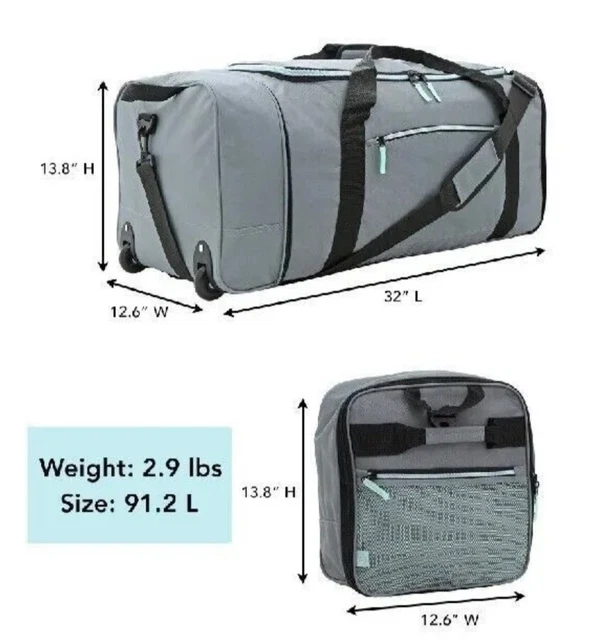 Protege 32" Rolling Duffel for Travel Durable Construction Gray Compatible