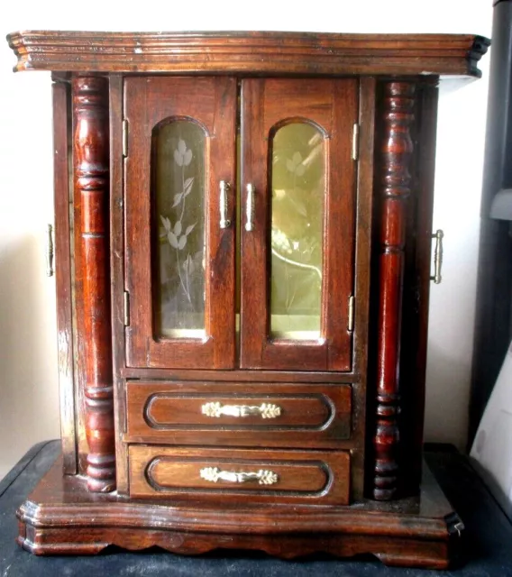 Ancienne superbe armoire Grande boîte à bijoux en bois vitres gravées unique