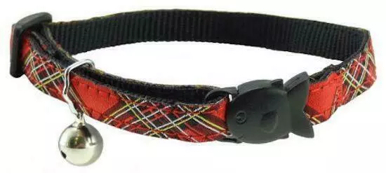 Red Tartan Cat Kitten Puppy Safety Clip Collar with Bell