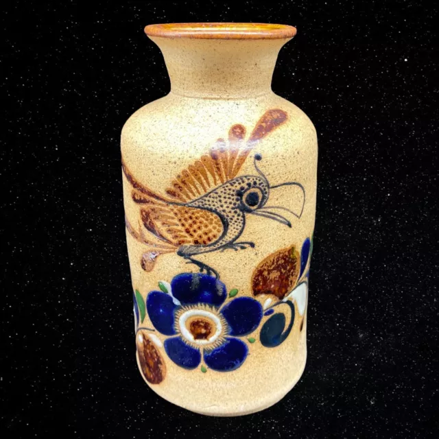 Mexican Folk Art Pottery Tonala Toucan Bird Flower Hand Painted Vase 8”T 4”W