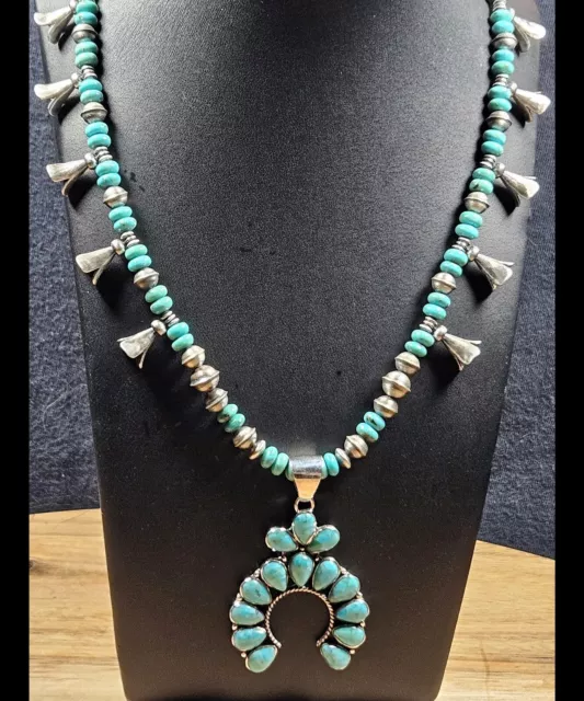 Sterling NAVAJO PEARL Squash Blossom SIGNED Naja Turquoise Bead Necklace VTG 22"