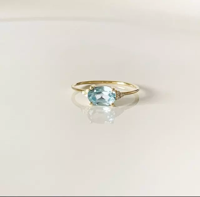 Natürlich Himmelblau Topas Und Diamanten Edelstein-Ring 14k Massiver Goldring