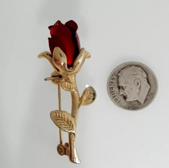 Estate Vintage Metal Red Rose Pin Brooch with Gold Tone Stem 2'' tall 