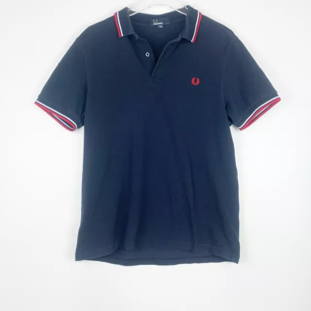 FRED PERRY POLO Shirt Mens Large Blue Red Short Sleeve Striped Cuff ...