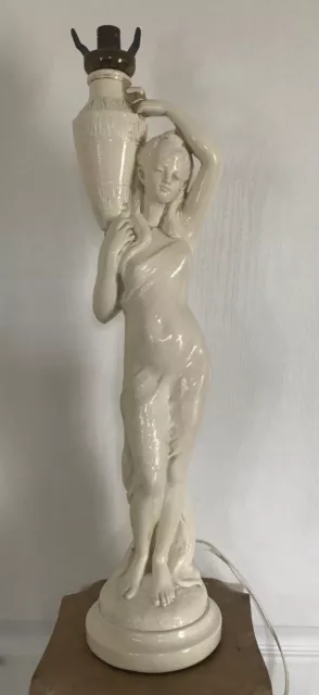 SUPPORT Pied De LAMPE  STATUE de Jeune Femme en CÉRAMIQUE Vernissée signée JP