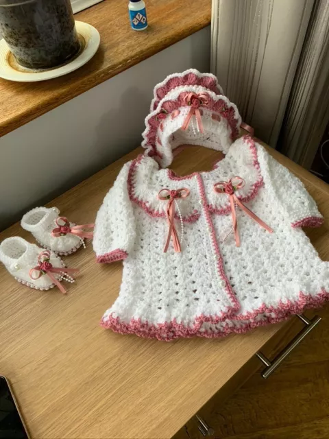 Baby Set Coat Bonnet Shoes Croched Handmade Gift (also Romany) 0 to 3 Months