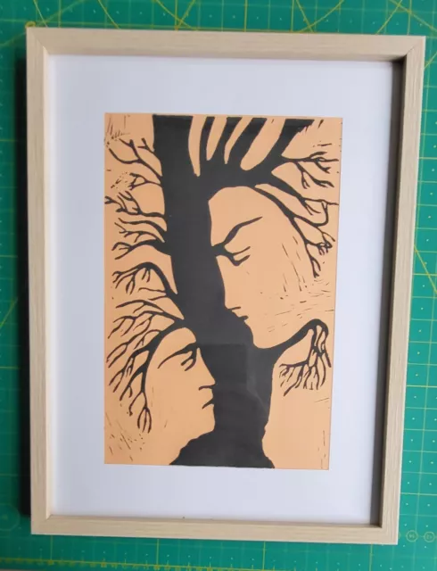 H. Hinrichsen, "Baum mit Gesichter", Linoldruck, Linolschnitt, Bild, Orginal