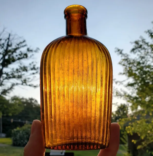 Antique Honey Amber Ribbed Strap Flask Half Pint Pre Prohibition