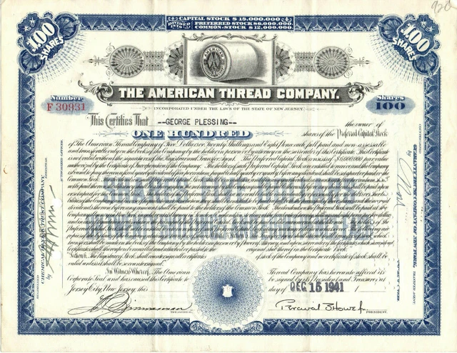 American Thread Company Stock Certificate Willimantic,CT 12/15/1941 Pearl Harbor