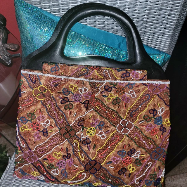 TREESJE ~ Hand Beaded Handbag Tote with Wood Handles ~ RARE ~ GORGEOUS