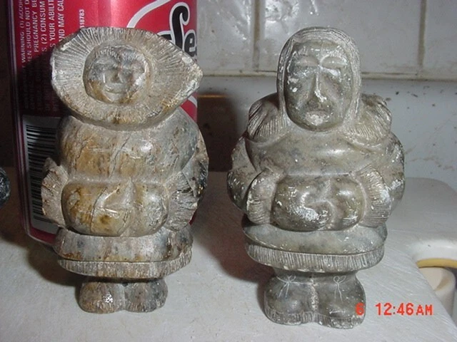 Pair Of Old Alaska Eskimo Stone Carvings Man And Woman