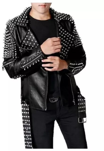 Handmade Mens Punk Style Black Sliver Studded Brando Biker Leather Jacket