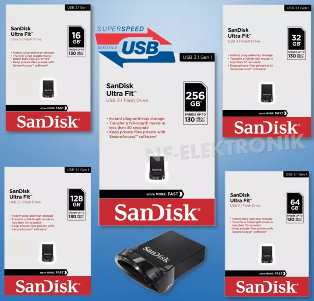 Sandisk Ultra Fit USB Stick 3.1 Flash 16, 32, 64, 128, 256 GB Kennwortschutz