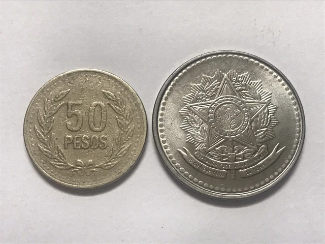 1994 Columbia 50 Pesos & 1988 Brazil 10 Cruzados Old Antique Foreign World Coins