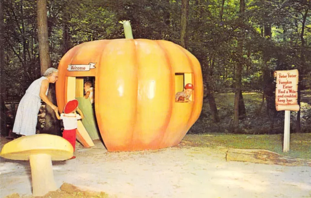 1962 PA Ligonier STORY BOOK FOREST Giant Pumpkin Children play postcard R1