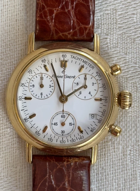Montre Vintage GUY GOSARD En Or 18K - Mouvement à Quartz, Boîtier Et Cadran Jaune, Bracelet Cuir Marron - Années 2000
