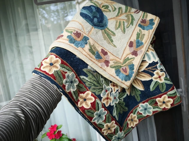 2 Funda de almohada artesanal de lana vintage puntada cadena bordado floral cachemira