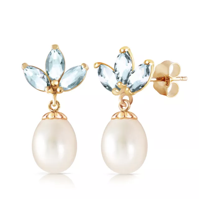 14K. GOLD DANGLING EARRING WITH PEARLS & AQUAMARINES (Yellow Gold)