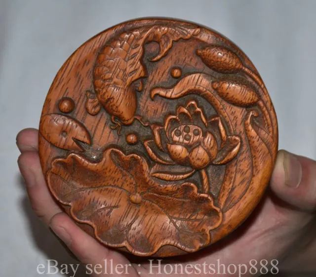 4" Old Chinese Huanghuali Wood Dynasty Lotus Fish Round Box Statue