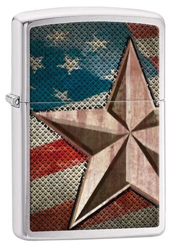 Zippo American Flag Star Pocket Lighter, Brushed Chrome
