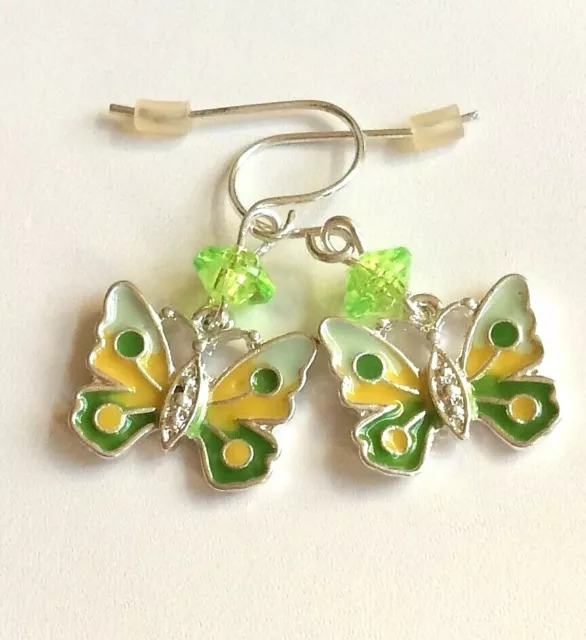 Butterfly Earrings Easter Spring Pastel Yellow Green Enamel Silver Plated