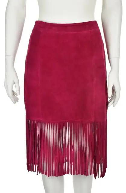 NEIMAN MARCUS CUSP Magenta Suede Pencil Skirt with Long Fringe SZ M 8-10