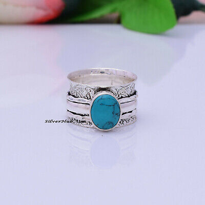 Blue Turquoise Spinner Ring 925 Sterling Silver Ring Wide Ring All Size EC-450