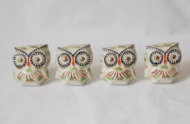 4 Unusual Vintage Ceramic Owl, Cupboard Door Or Drawer Knobs Handpainted