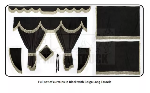 TRUCK CURTAINS for DAF Black Full set of lined curtains (long tassels)