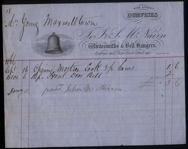 1866 DUMFRIES- J & S McNairn - Whitesmiths & Bell Hangers, attractive billhead