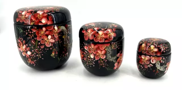 Black Lacquer Nesting Bowls Boxes Set of 3 With Lids Hand Painted Tallest 5"