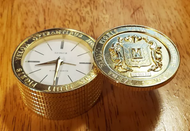 Vintage SEMCA 8 Day Wind Up Desk Alarm Clock Coin Stack Gold SWISS MADE WORKS Vintage SEMCA 8 Day Wind Up Desk Alarm Clock Coin Stack Gold SWISS MADE WORKS