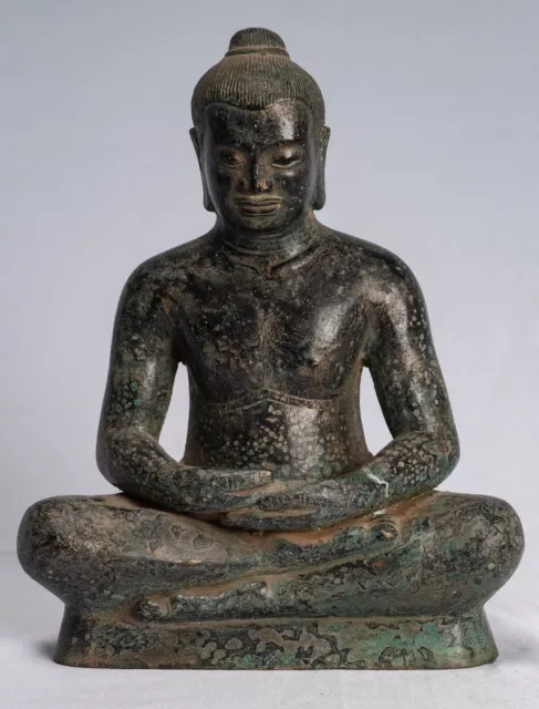 Antique Khmer Style Seated Bronze Meditation Jayavarman VII Statue - 18cm/7"