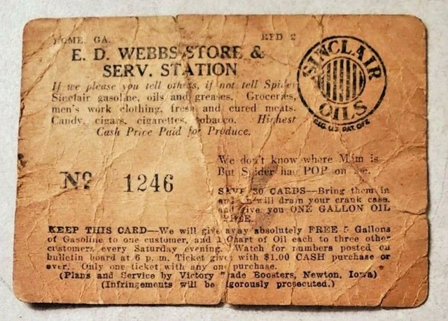 Vtg Sinclair Oil Gasoline E.D. Webbs Store & Service Station Rome GA  Promo Card