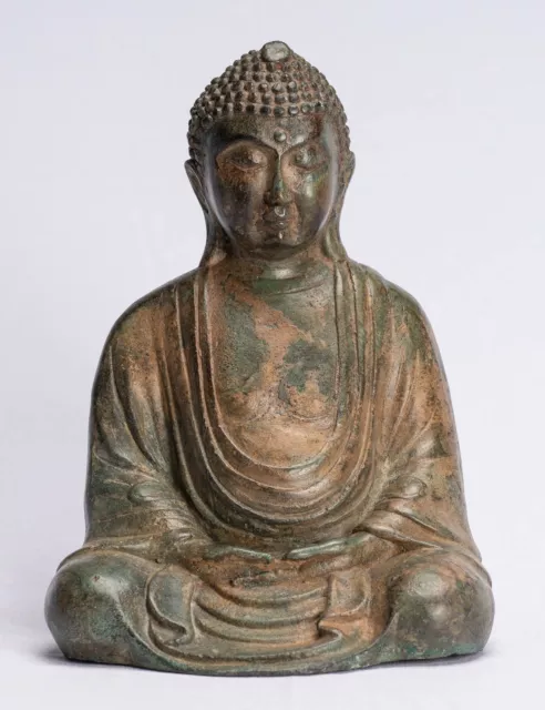 Ancien Japonais Style Bronze Assis Méditation Bouddha Statue -