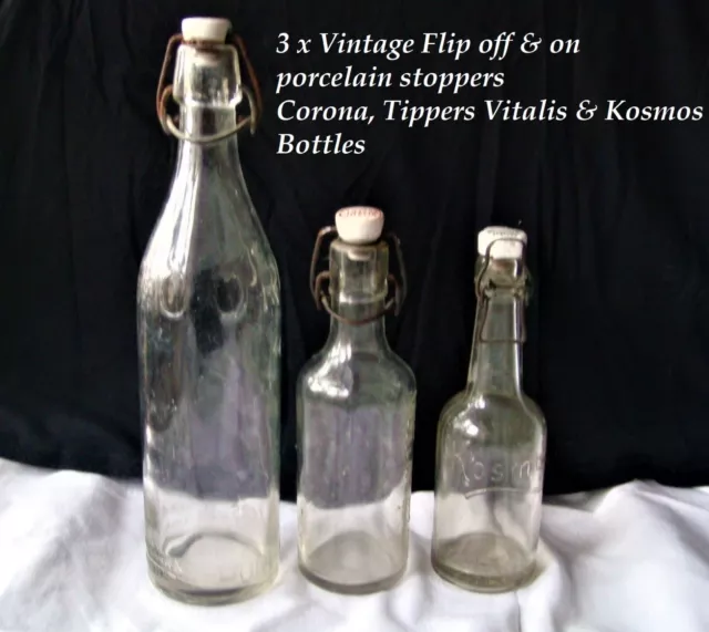 3 x Vintage bottles with a porcelain flip on /off stopper Corona, Kosmos Tipper